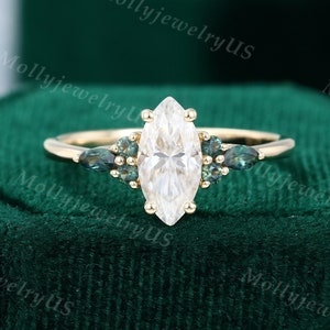 Marquise cut Moissanite engagement ring vintage yellow gold Unique Cluster ring women blue green sapphire wedding Bridal Anniversary gift