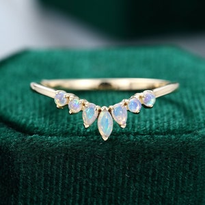 Marquise cut Opal Curved wedding band women vintage yellow gold ring Opal band wedding band unique Pear shaped Bridal Stacking promise gift