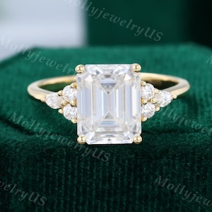 8*10mm Emerald cut Moissanite engagement ring vintage yellow gold engagement ring women Marquise Diamond unique bridal ring Anniversary gift