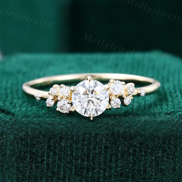 Cluster engagement ring vintage solid 14K yellow gold Unique Moissanite engagement ring women diamond wedding Bridal Anniversary ring