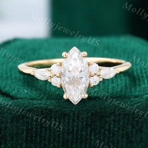 Marquise cut Moissanite engagement ring vintage yellow gold Unique Cluster engagement ring women diamond wedding Bridal Anniversary gift