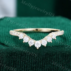 Curved wedding band women yellow gold Moissanite Unique Diamond ring vintage Bridal Stacking Matching promise ring Anniversary delicate band