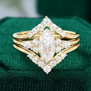 3pcs Marquise cut Moissanite engagement ring set vintage Bridal set yellow gold unique engagement ring women Curved diamond wedding Promise
