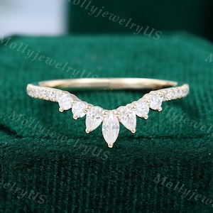 Curved wedding band women vintage Diamond wedding band Yellow gold unique Pear Moissanite Half eternity Stacking Matching wedding band