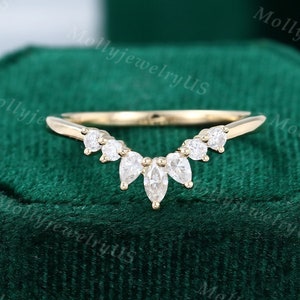 Curved wedding band women vintage Solid 14K yellow gold Moissanite Marquise cut Diamond wedding band unique Bridal Stacking promise gift