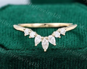 Curved wedding band women vintage Solid 14K yellow gold Moissanite Marquise cut Diamond wedding band unique Bridal Stacking promise gift