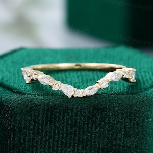 Moissanite curved wedding band Yellow gold wedding band women Half eternity Marquise Pear shaped Diamond ring vintage Jewelry Promise gift