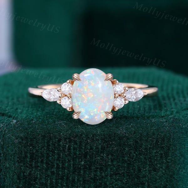 Oval Cut Opal Verlobungsring Vintage Rose Gold Ring mit Marquise Diamant Moissanite Akzente Damen Braut Hochzeit Schmuck Versprechen Geschenk