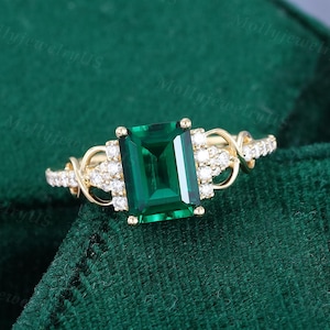 Emerald cut emerald engagement ring Yellow gold moissanite engagement ring Marquise cut diamond cluster ring Twist Bridal ring Promise gift