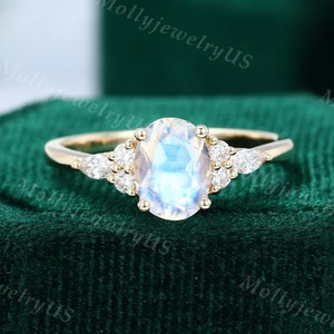 Oval Moonstone engagement ring vintage yellow gold unique Cluster engagement ring woman Marquise diamond Moissanite Bridal Anniversary gift