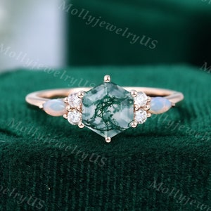 Hexagon cut Moss agate engagement ring rose gold vintage Unique Marquise diamond opal Cluster engagement ring delicate wedding Bridal ring