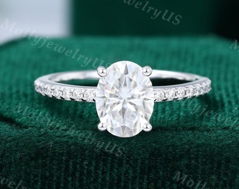 Oval Moissanite engagement ring white gold Unique engagement ring woman vintage Half eternity Diamond wedding Bridal ring Anniversary gift