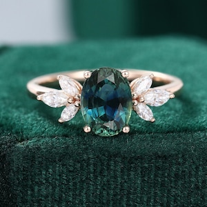 Oval Green Blue Sapphire Engagement Ring Vintage Unique
