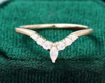 Curved wedding band women Unique Marquise cut Diamond/Moissanite ring vintage wedding band yellow gold Bridal Stacking Matching promise gift