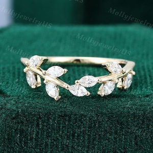 Marquise moissanite wedding band Curved yellow gold wedding band Art deco leaf ring Stacking marriage ring Antique matching bridal ring