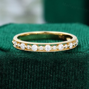 Vintage Ehering Gelbgold Unikat Ehering Damen Moissanit/Diamant Ring Halbe Eternity Milgrain Stacking Passender Ehering