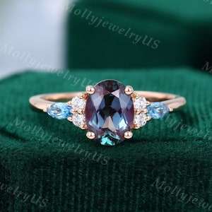 Vintage Oval cut Alexandrite engagement ring Unique Rose gold Marquise topaz engagement ring Women Diamond Bridal ring Anniversary ring