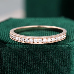 Anillo de bodas de moissanita vintage, anillo de bodas de oro rosa para mujer, único, media eternidad, milgrain, apilable, a juego, regalo de promesa nupcial para ella