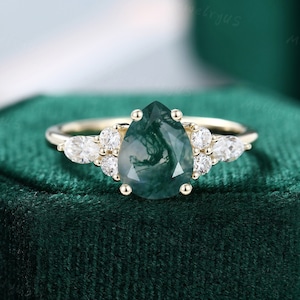 7*9mm Pear shaped Moss Agate engagement ring vintage Unique Cluster yellow gold moissanite engagement ring women Marquise cut diamond ring