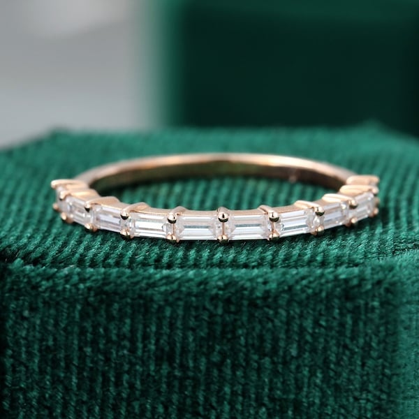 Baguette cut Moissanite wedding Rose gold diamond wedding band Unique Half eternity ring Delicate Matching bridal ring Dainty Marriage ring