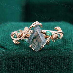 Nature Inspired Kite Cut Moss Agate Engagement ring Vintage Rose Gold Wedding Ring Emerald Accented Design Ring Twist leaf Anniversary band