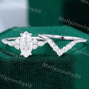 Marquise cut Moissanite engagement ring set vintage unique white gold engagement ring women Curved Diamond wedding Bridal set Promise gift