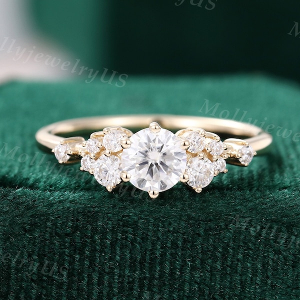 Unique Cluster engagement ring vintage solid 14K yellow gold Moissanite engagement ring diamond wedding Bridal Anniversary gift for women