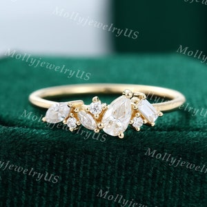 Pear shaped Moissanite engagement ring vintage yellow gold engagement ring woman Unique Marquise cut moissanite wedding Bridal Promise gift