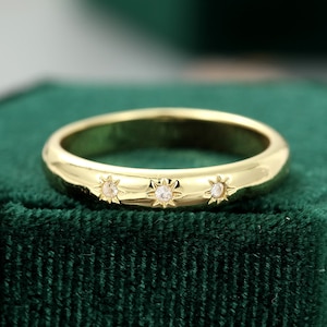 Diamond wedding band women Unique Yellow gold wedding band vintage Delicate Three stone Bridal Matching promise Anniversary gift for her