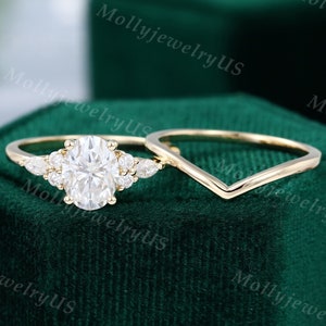 Oval cut Moissanite engagement ring set vintage unique yellow gold engagement ring women Marquise Cluster set Diamond Minimalism wedding set