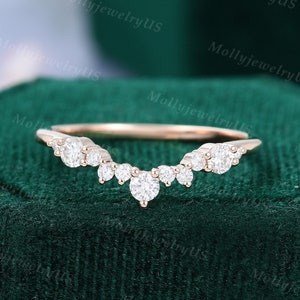Vintage Moissanite Curved wedding band Unique Rose gold wedding band women Diamond Bridal Stacking Matching ring Anniversary delicate band
