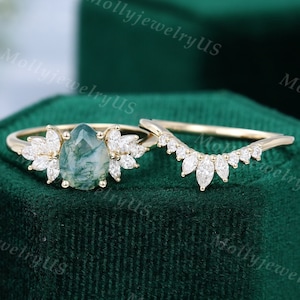 Pear shaped Moss Agate engagement set vintage Unique Cluster yellow gold moissanite engagement set women Marquise cut diamond ring annual