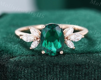 Oval cut Emerald engagement ring vintage Unique Marquise cut Cluster moissanite ring Rose gold engagement ring women Bridal Anniversary ring