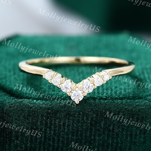 Curved wedding band vintage yellow gold Unique Diamond wedding band women Chevron Bridal Stacking Matching promise Anniversary gift for her