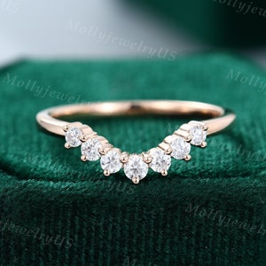 Curved wedding band vintage rose gold Moissanite wedding band Unique Diamond Chevron Bridal Stacking Matching band Anniversary delicate band