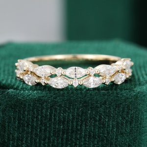 Unique Double Marquise cut Moissanite wedding band vintage Yellow gold wedding band women Bridal Half eternity Matching band promise gift