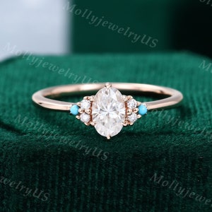 Oval Moissanite engagement ring vintage Unique engagement ring woman Diamond Turquoise cluster ring rose gold Bridal Promise gift for her