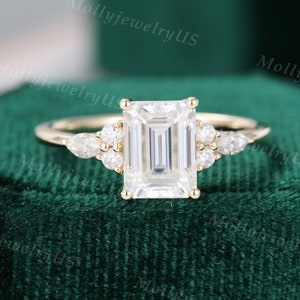 Emerald cut Moissanite engagement ring vintage yellow gold Marquise diamond ring Cluster ring unique ring engagement ring Anniversary ring