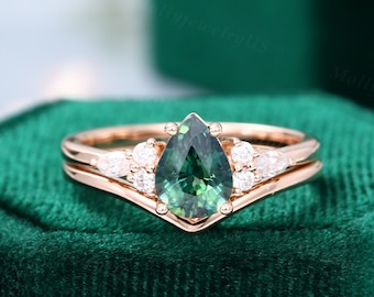 Blue green sapphire engagement ring vintage pear shaped unique Cluster rose gold Moissanite bridal set women Marquise Diamond wedding ring