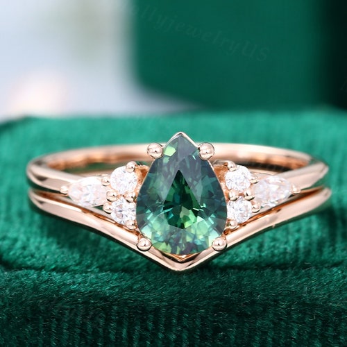 Pear Blue Green Sapphire Engagement Ring Set Vintage Gold - Etsy