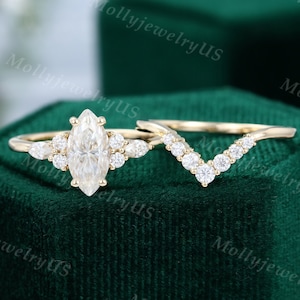 Marquise cut Moissanite engagement ring set vintage Bridal set yellow gold unique engagement ring women Curved diamond wedding Promise ring