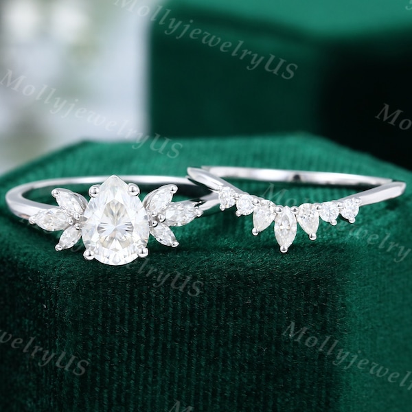 Moissanite engagement ring set Unique Cluster engagement ring white gold Pear shaped vintage ring Marquise Promise ring Anniversary ring set