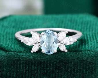 5*7 Oval Aquamarine engagement ring vintage Unique Marquise cut diamond Cluster ring White gold engagement ring Bridal ring Anniversary ring