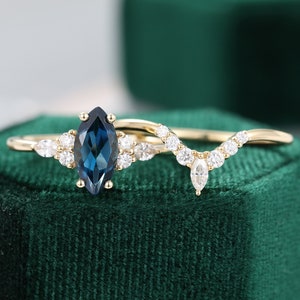 London Blauer Topasring Marquise-Topasring Vintage-Gelbgoldring Cluster-Ring Diamant-Verlobungsring Versprechensring Hochzeitsring-Set