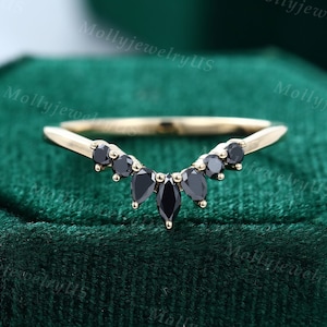 Black onyx Curved wedding band women Unique wedding band yellow gold vintage Marquise cut Stacking ring Matching bridal promise ring for her