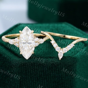 7*14mm Marquise cut Moissanite engagement ring set vintage unique engagement ring women Bridal set yellow gold Curved diamond wedding ring