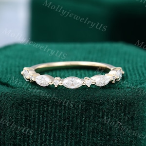 Moissanite wedding band women yellow gold Unique wedding band simple vintage Marquise Half eternity Stacking Matching bridal promise gift