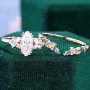 Marquise cut engagement ring set vintage Moissanite unique rose gold Moss agate engagement ring set diamond women anniversary wedding ring