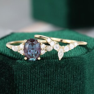 Oval Alexandrite engagement ring women Unique engagement ring set vintage yellow gold Diamond cluster Marquise cut Moissanite wedding gift
