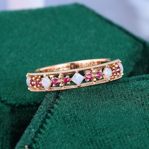 Princess cut opal wedding band Unique solid rose gold ring Half eternity ruby ring Hollow-out wedding ring Mil grain Stacking Matching ring